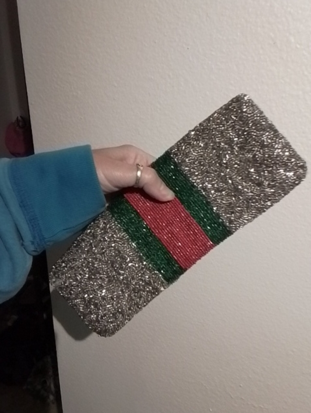 Tiana Hand Beaded Metallic Silver Clutch Bag Green Red Silver - Picture 8 of 12